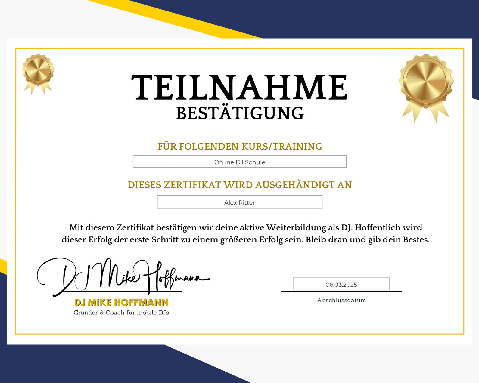 Teilnahmebest&auml;tigung der Online DJ Schule f&uuml;r die erfolgreiche DJ-Weiterbildung von DJ@Knight.