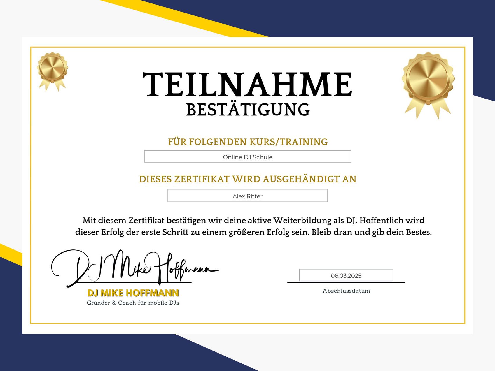 Teilnahmebestätigung der Online DJ Schule für die erfolgreiche DJ-Weiterbildung von DJ@Knight.
